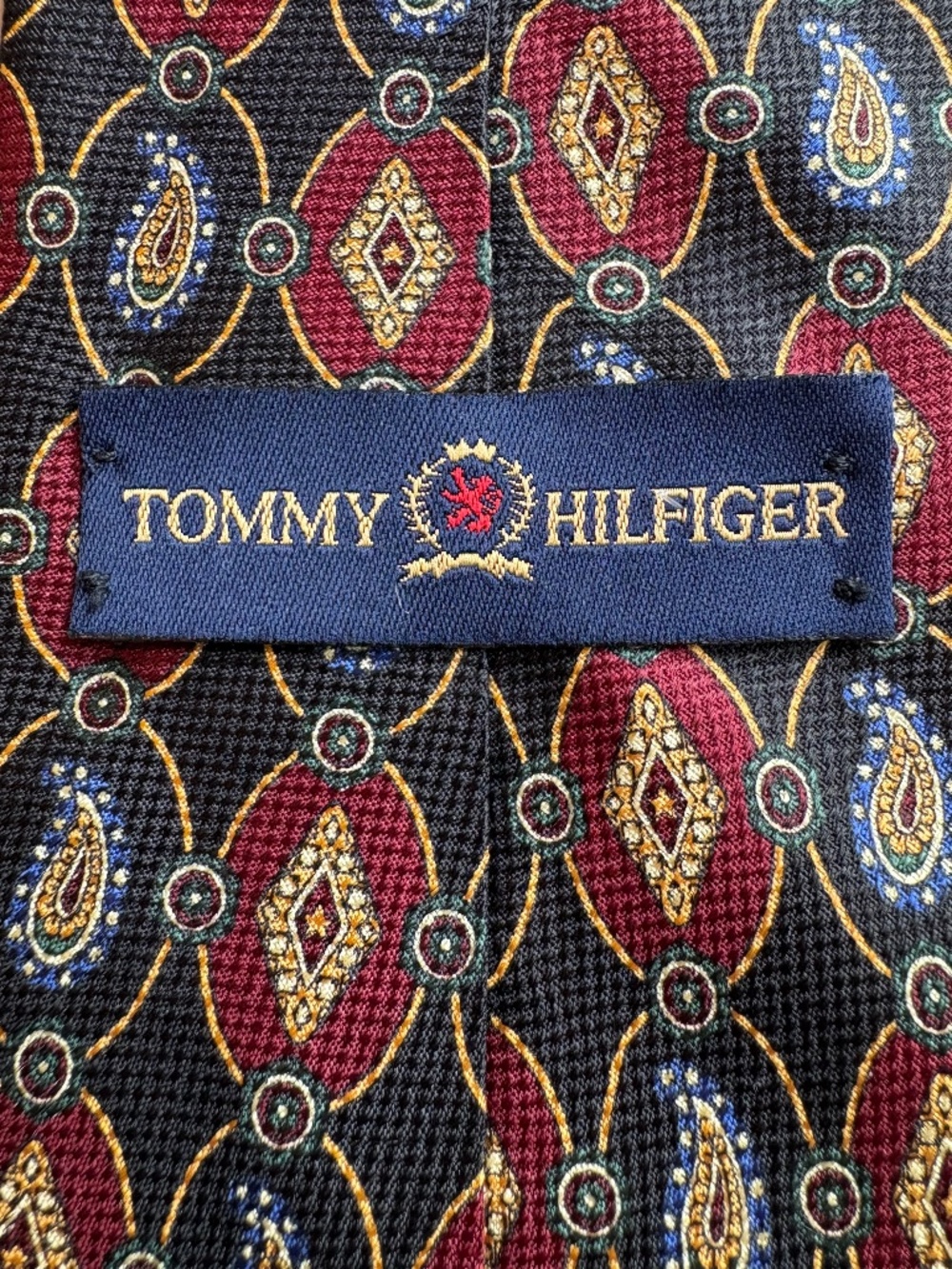 Vintage Tommy Hilfiger Silk Tie Medallion Paisley Crest Navy Red Green